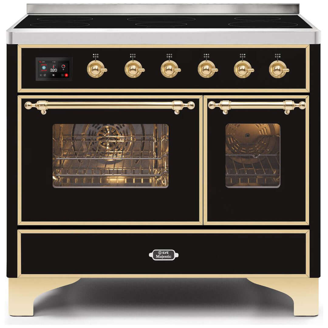 ILVE 40 in. Majestic II Series Freestanding Double Oven Induction Range with a 6 Element Stove and Electric Oven with Color and Accent Options (UMDI10NS3) with Glossy Black Door and Finish and Bronze Accents
