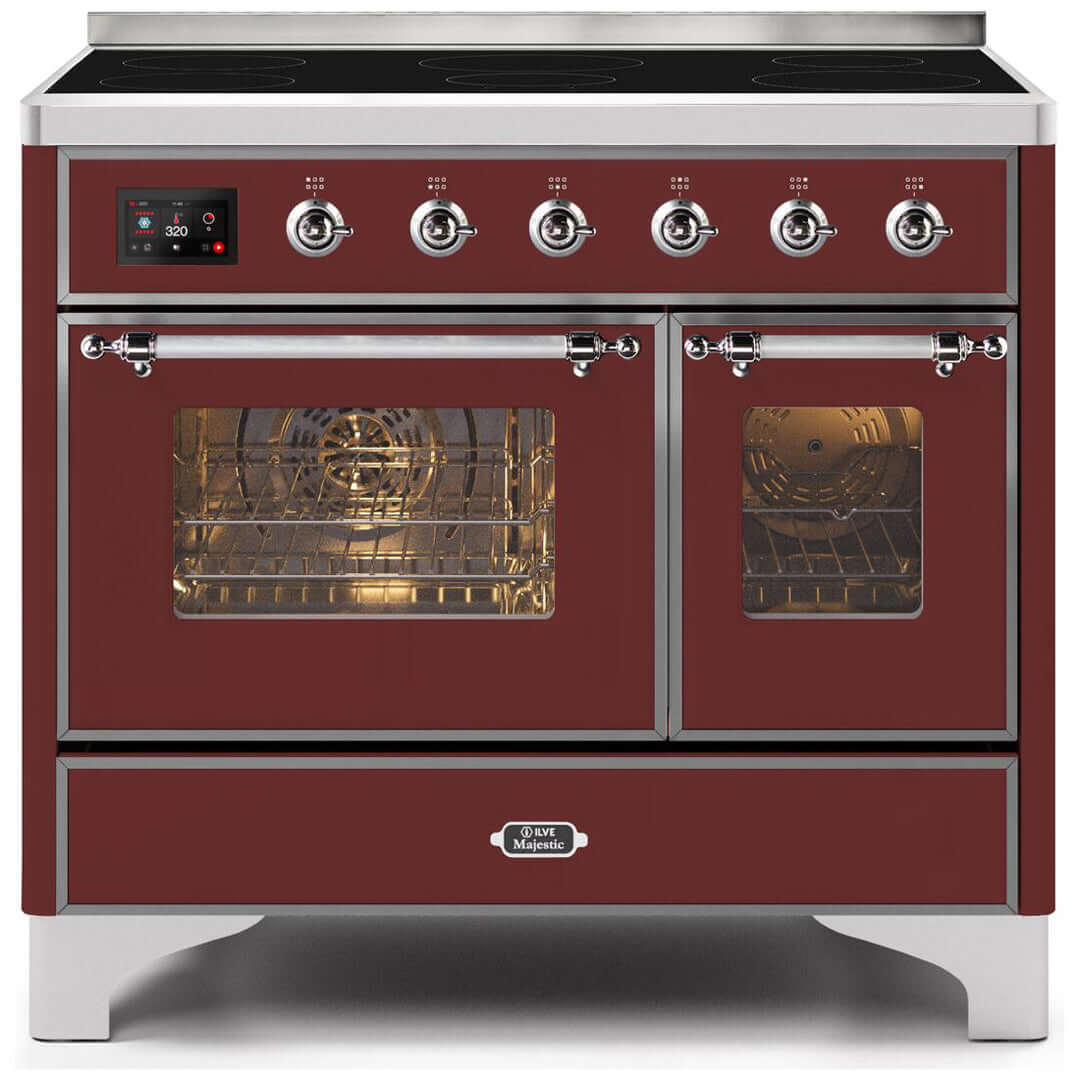 ILVE 40 in. Majestic II Series Freestanding Double Oven Induction Range with a 6 Element Stove and Electric Oven with Color and Accent Options (UMDI10NS3) with Burgundy Door and Finish and Chrome Accents