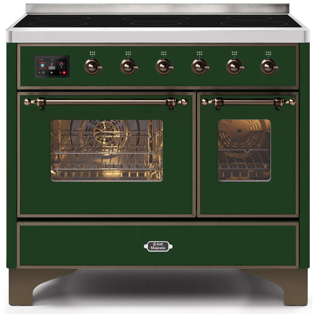 ILVE 40 in. Majestic II Series Freestanding Double Oven Induction Range with a 6 Element Stove and Electric Oven with Color and Accent Options (UMDI10NS3) with Emerald Green Door and Finish and Brass Accents