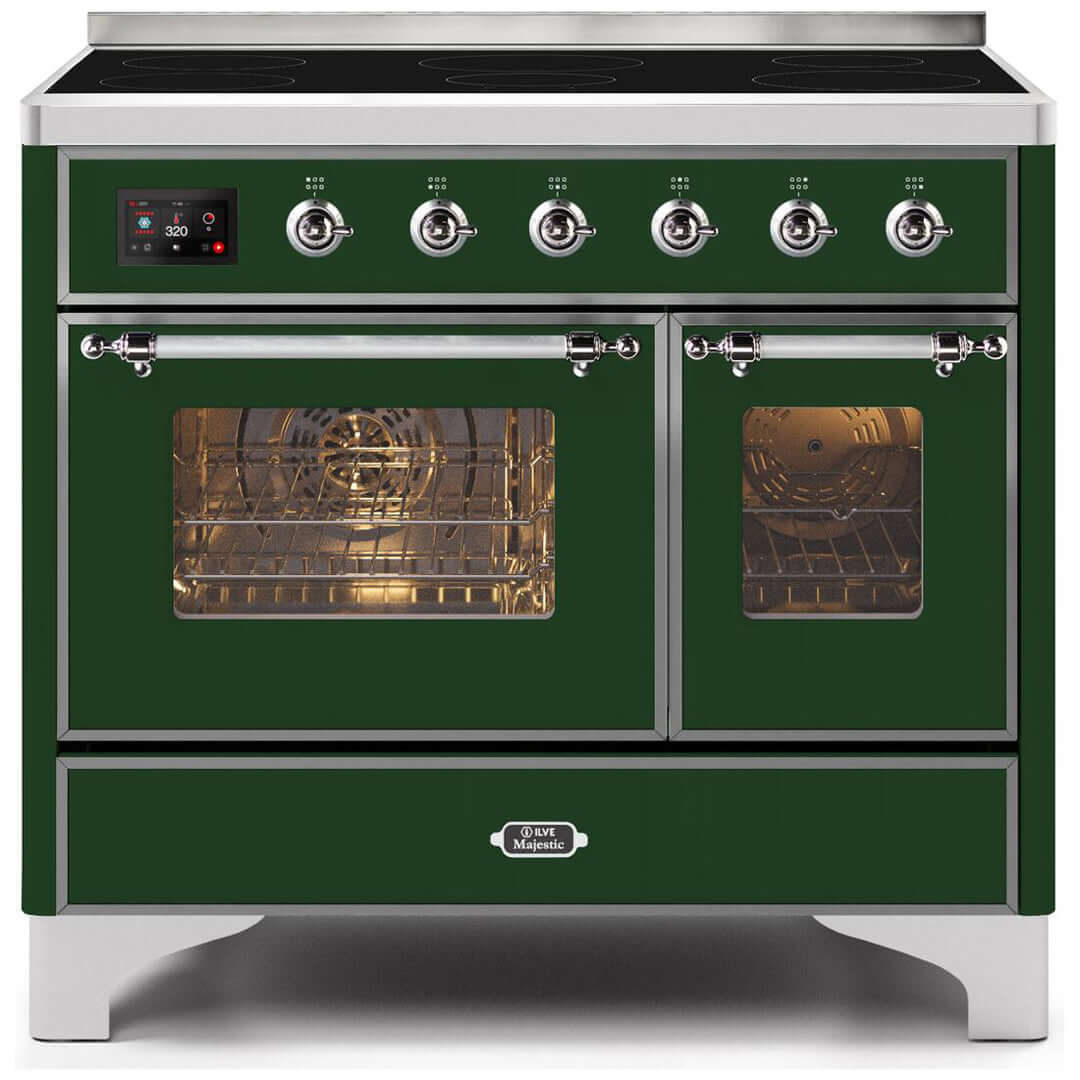ILVE 40 in. Majestic II Series Freestanding Double Oven Induction Range with a 6 Element Stove and Electric Oven with Color and Accent Options (UMDI10NS3) with Emerald Green Door and Finish and Chrome Accents