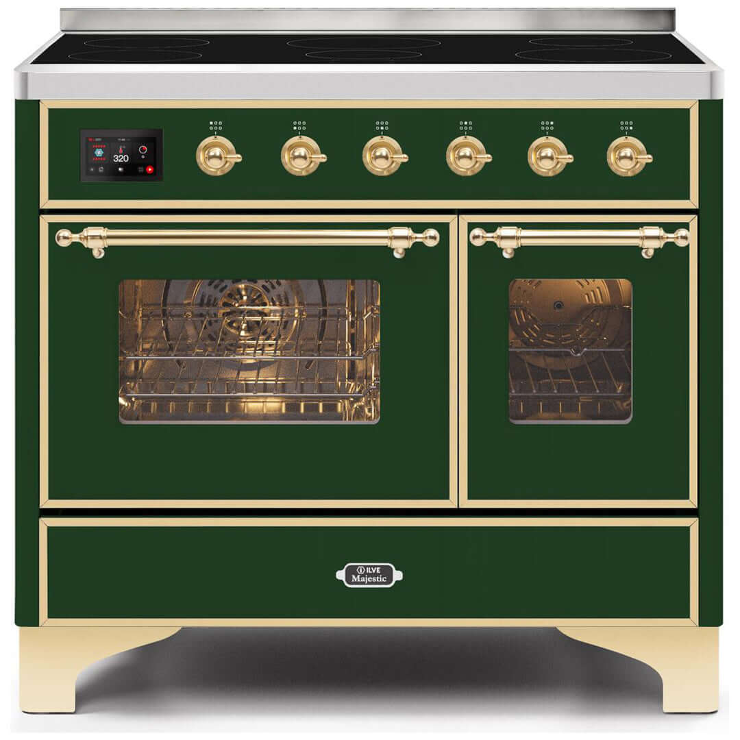 ILVE 40 in. Majestic II Series Freestanding Double Oven Induction Range with a 6 Element Stove and Electric Oven with Color and Accent Options (UMDI10NS3) with Emerald Green Door and Finish and Bronze Accents