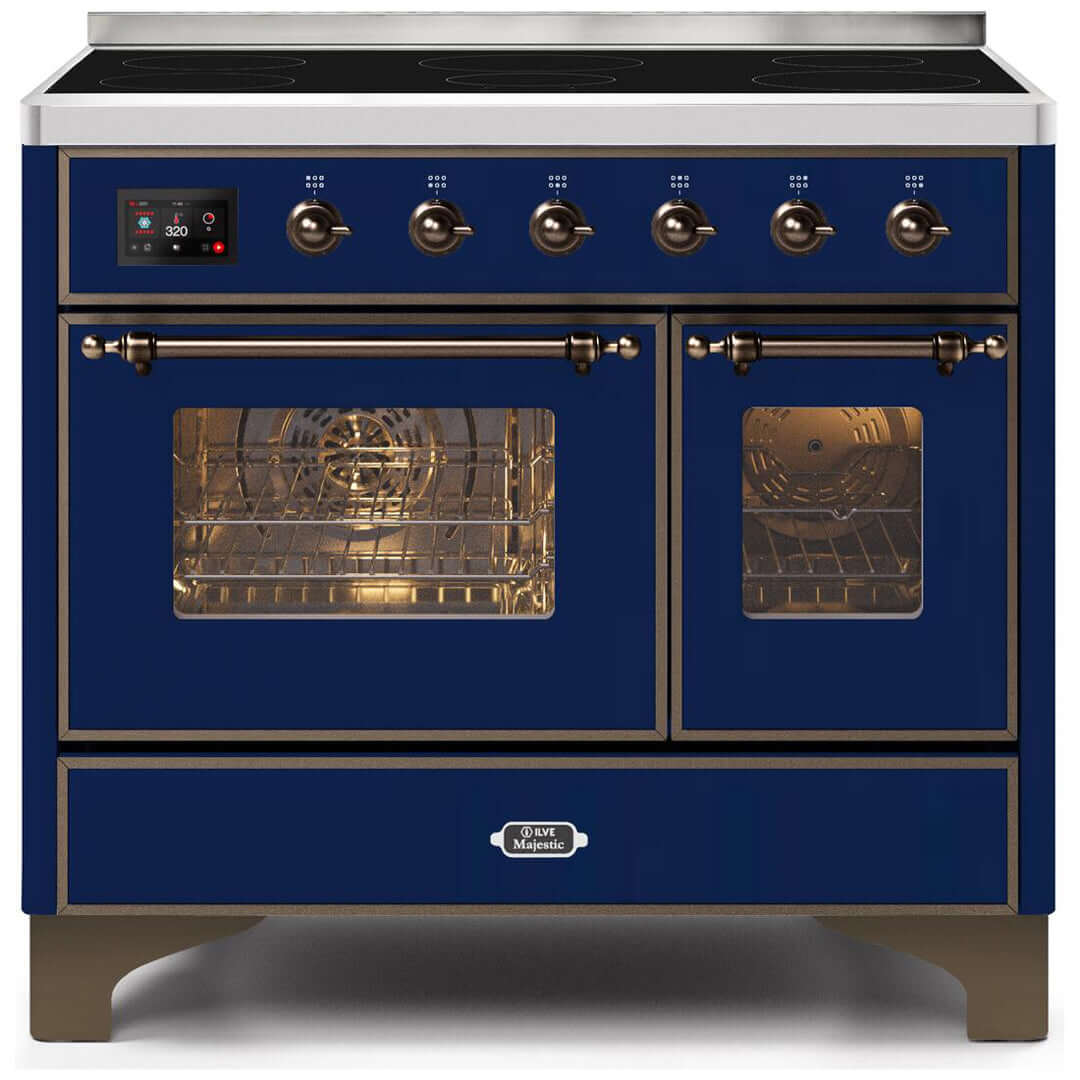 ILVE 40 in. Majestic II Series Freestanding Double Oven Induction Range with a 6 Element Stove and Electric Oven with Color and Accent Options (UMDI10NS3) with Midnight Blue Door and Finish and Bronze Accents