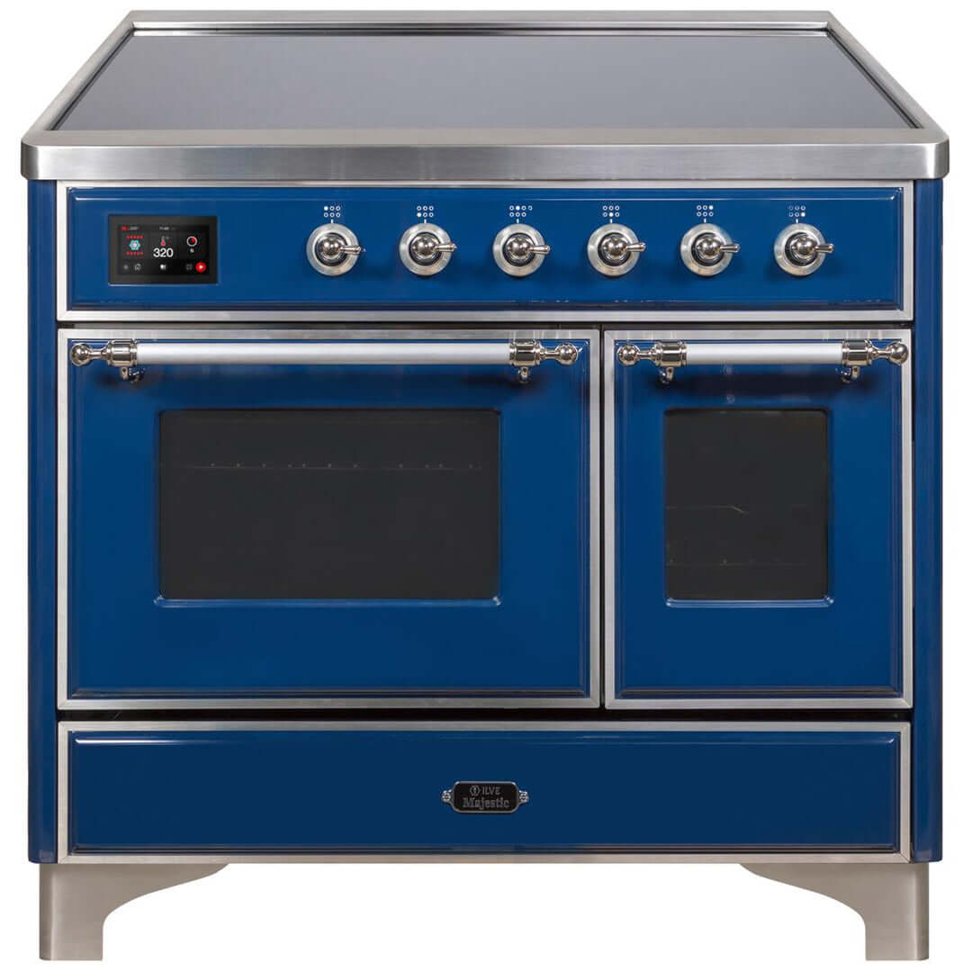 ILVE 40 in. Majestic II Series Freestanding Double Oven Induction Range with a 6 Element Stove and Electric Oven with Color and Accent Options (UMDI10NS3) with Midnight Blue Door and Finish and Chrome Accents