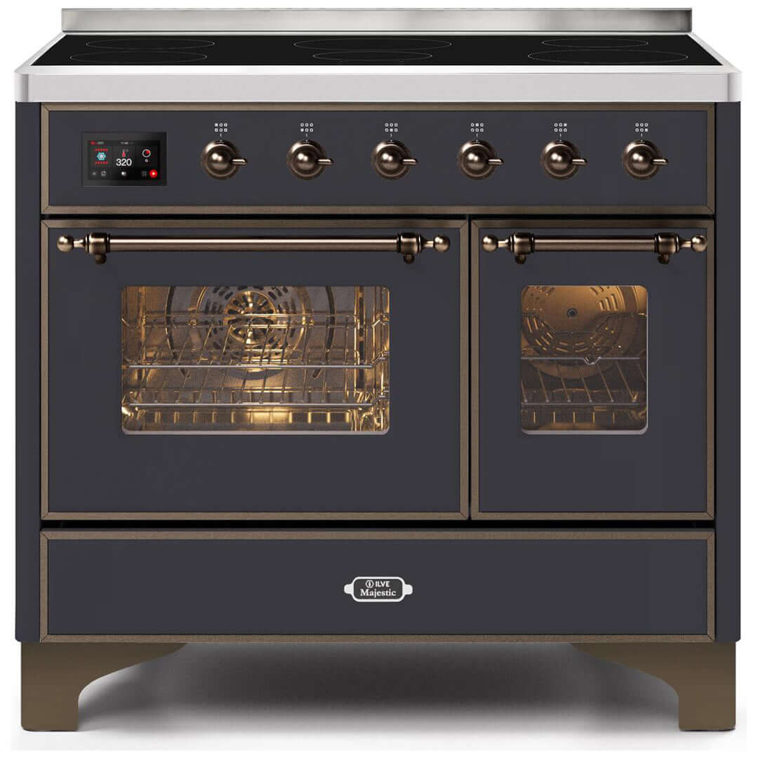 ILVE 40 in. Majestic II Series Freestanding Double Oven Induction Range with a 6 Element Stove and Electric Oven with Color and Accent Options (UMDI10NS3) with Matte Graphite Door and Finish and Bronze Accents
