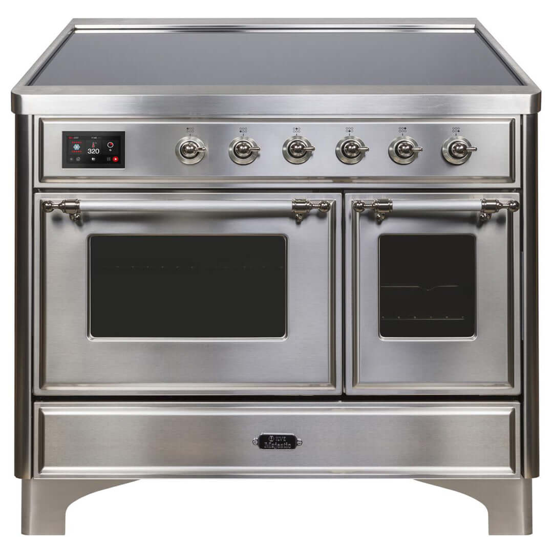 ILVE 40 in. Majestic II Series Freestanding Double Oven Induction Range with a 6 Element Stove and Electric Oven with Color and Accent Options (UMDI10NS3) with Stainless Steel Door and Finish and Chrome Accents