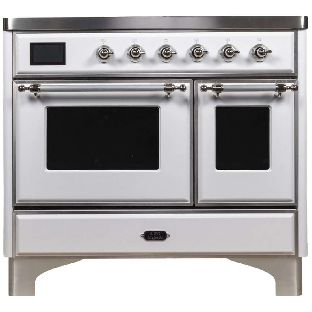 ILVE 40 in. Majestic II Series Freestanding Double Oven Induction Range with a 6 Element Stove and Electric Oven with Color and Accent Options (UMDI10NS3) with White Door and Finish and Chrome Accents