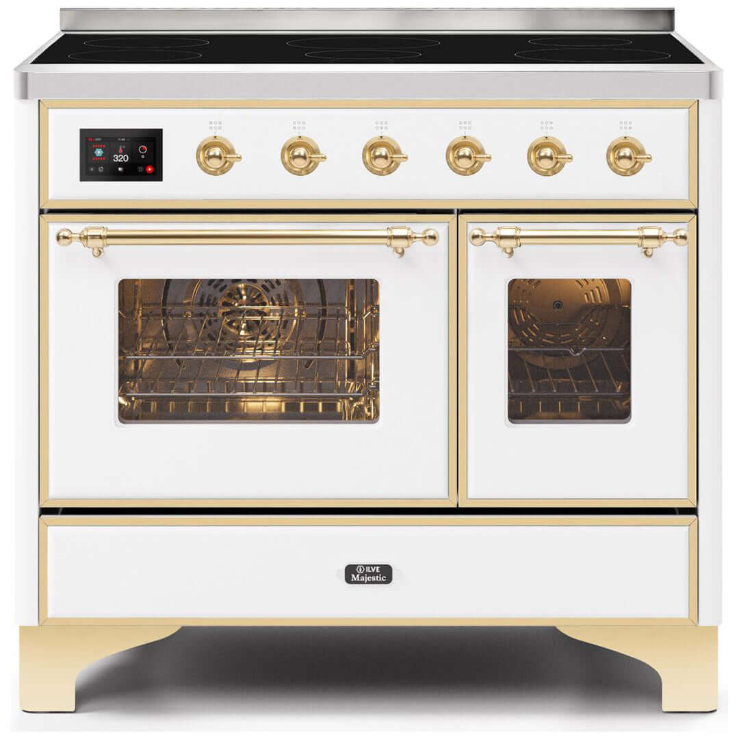 ILVE 40 in. Majestic II Series Freestanding Double Oven Induction Range with a 6 Element Stove and Electric Oven with Color and Accent Options (UMDI10NS3) with White Door and Finish and Brass Accents