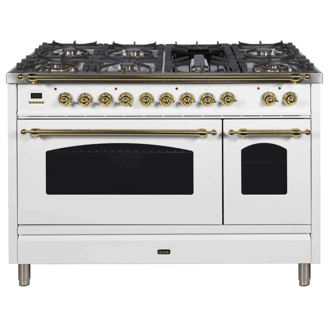 ILVE 48 in. Nostalgie Series 48 Inch Freestanding Dual Fuel Double Oven Range and Interchangeable Griddle with Color and Gas Options (UPN120FDM)