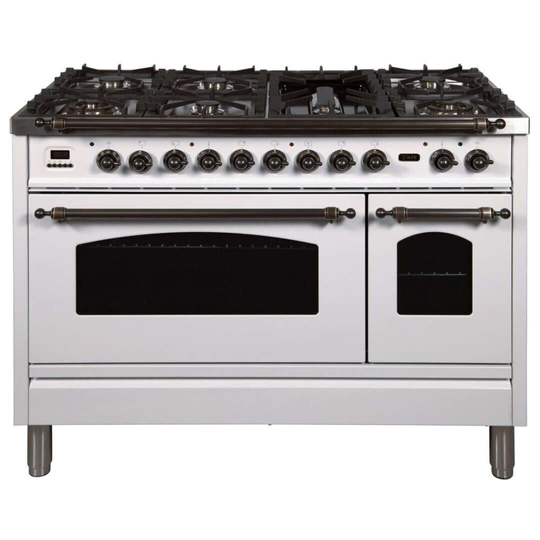 ILVE Nostalgie Series 48 Inch Freestanding Dual Fuel Double Oven Range and Interchangeable Griddle with Color and Gas Options (UPN120FDM)
