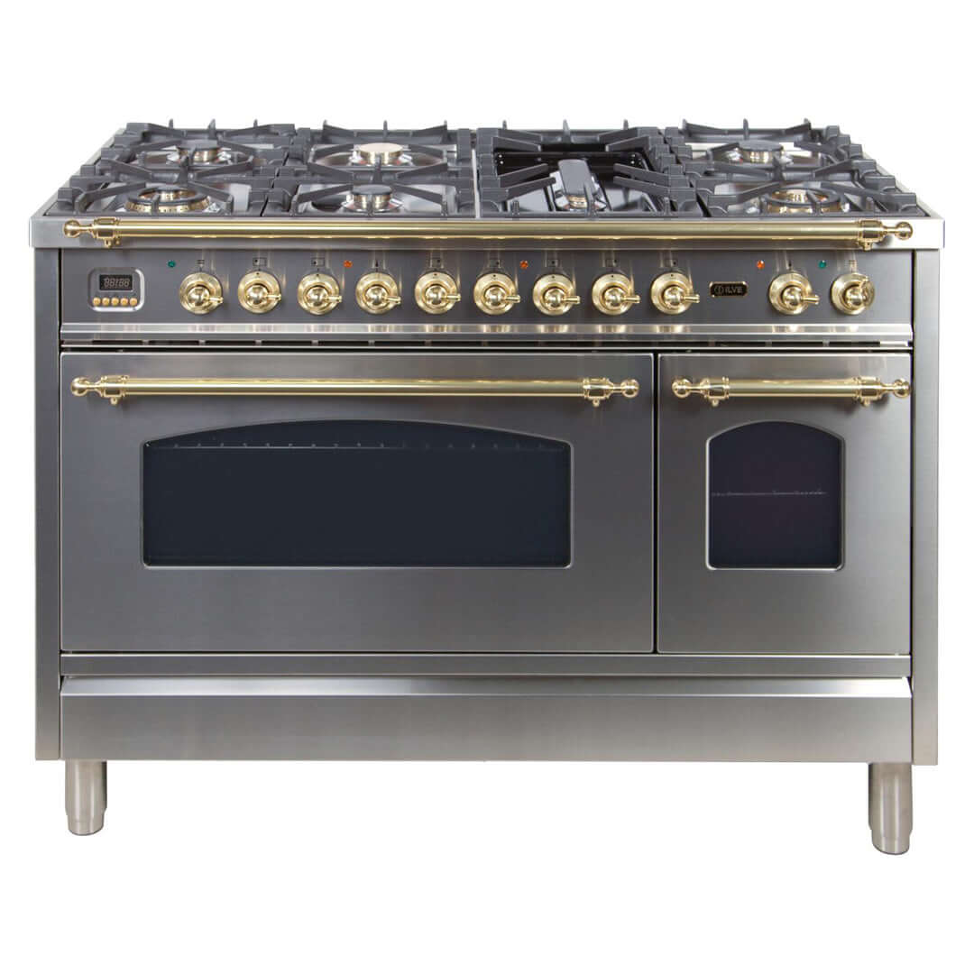 ILVE 48 in. Nostalgie Series 48 Inch Freestanding Dual Fuel Double Oven Range and Interchangeable Griddle with Color and Gas Options (UPN120FDM)