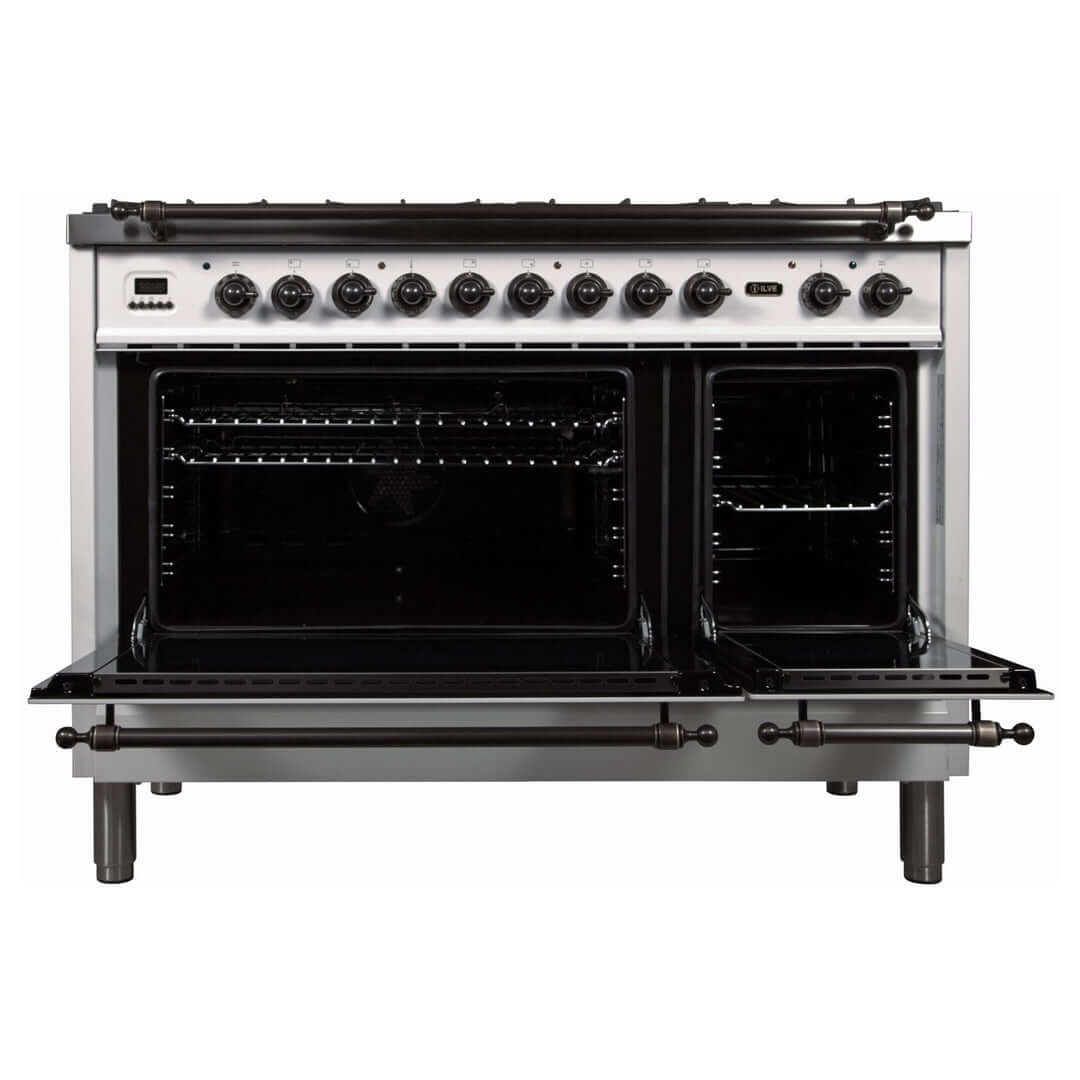 ILVE Nostalgie Series 48 Inch Freestanding Dual Fuel Double Oven Range and Interchangeable Griddle with Color and Gas Options (UPN120FDM)