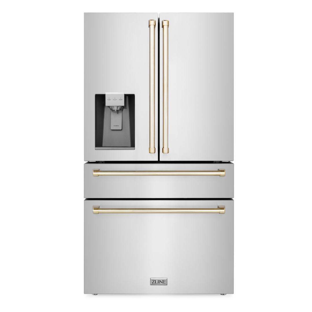 ZLINE 36 in. Autograph Edition 21.6 cu. ft Freestanding French Door Refrigerator with Water Dispenser in Stainless Steel with Polished Gold Accents (RFMZ-W-36-G)