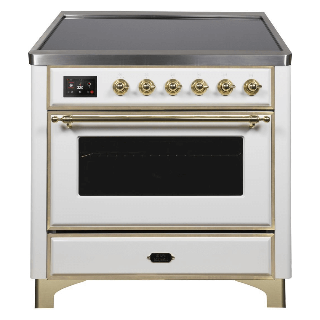 ILVE 36 in. Majestic II Series Freestanding Induction Range with a 5 Element Stove and Electric Oven with Color and Accent Options (UMI09NS3) with White Door and Finish and Brass Accents