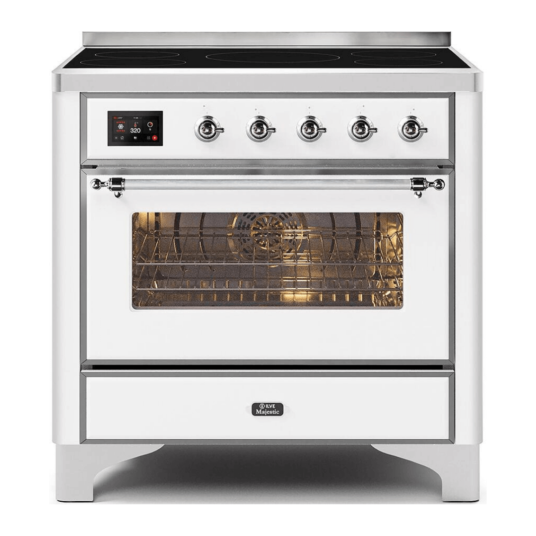 ILVE 36 in. Majestic II Series Freestanding Induction Range with a 5 Element Stove and Electric Oven with Color and Accent Options (UMI09NS3) with White Door and Finish and Chrome Accents