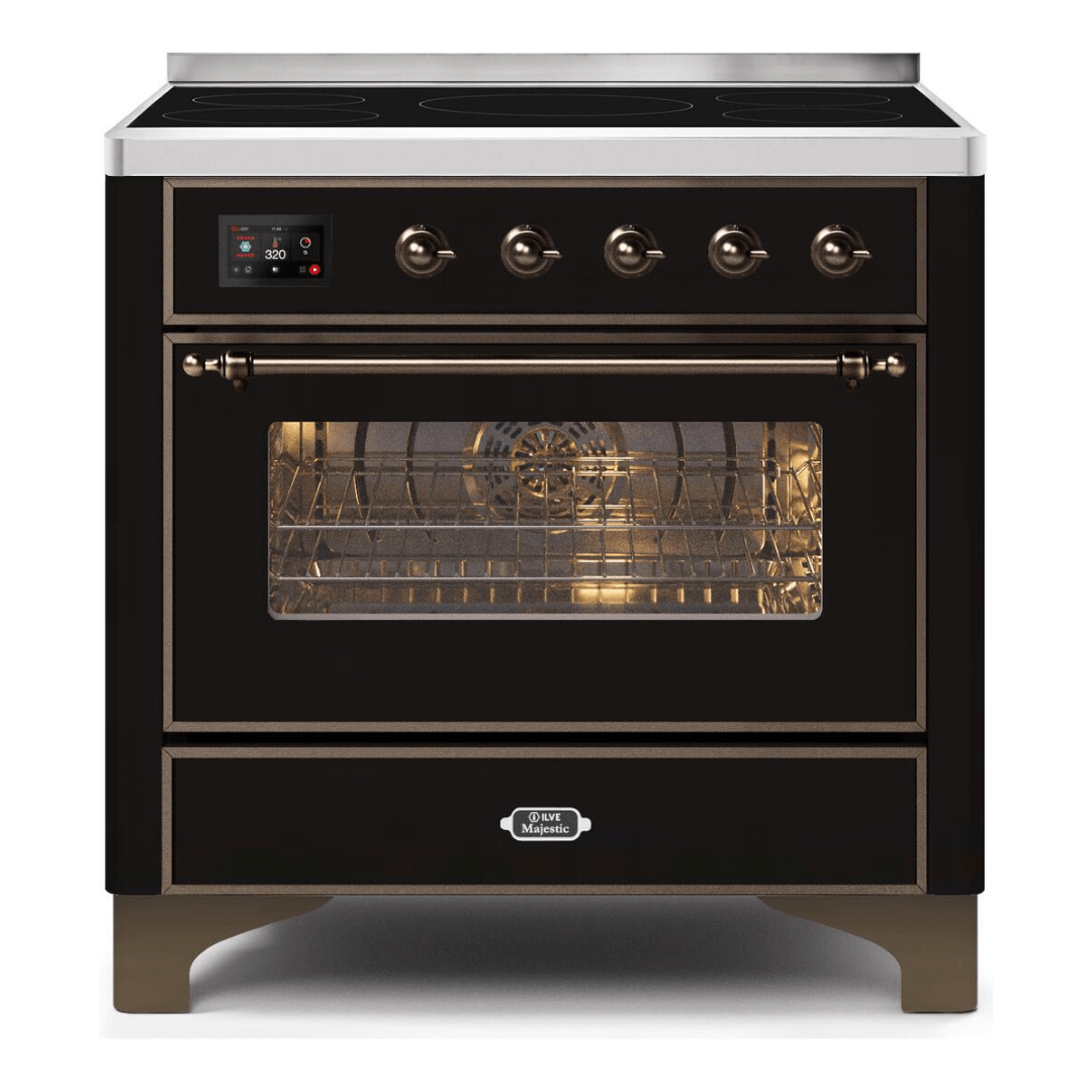 ILVE 36 in. Majestic II Series Freestanding Induction Range with a 5 Element Stove and Electric Oven with Color and Accent Options (UMI09NS3) with Glossy Black Door and Finish and Bronze Accents