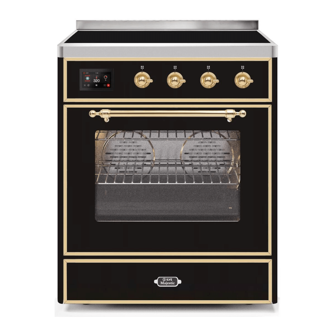 ILVE 30 in. Majestic II Series Freestanding Induction Range with a 4 Element Stove and Electric Oven with Color and Accent Options (UMI30NE3) with Glossy Black Door and Finish and Brass Accents