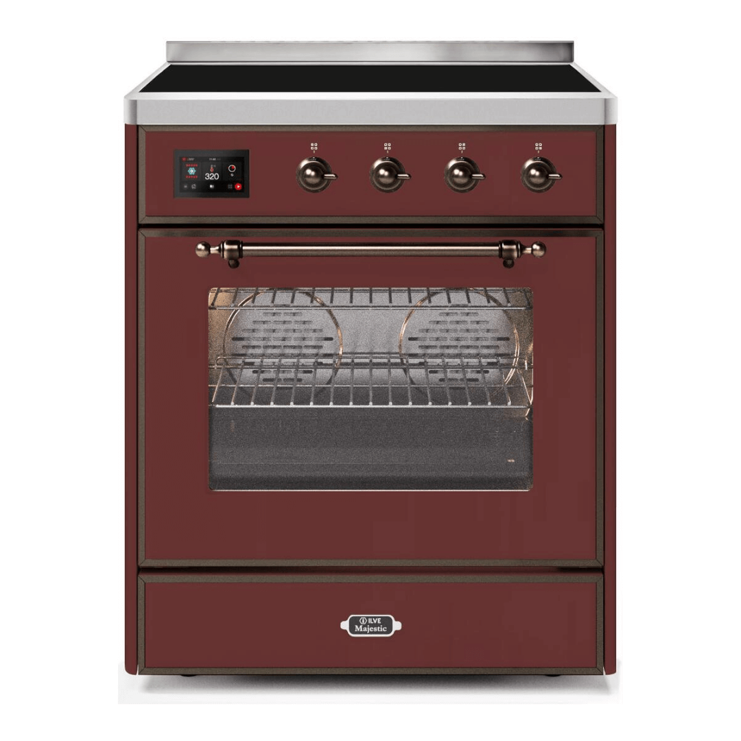 ILVE 30 in. Majestic II Series Freestanding Induction Range with a 4 Element Stove and Electric Oven with Color and Accent Options (UMI30NE3) with Burgundy Door and Finish and Bronze Accents