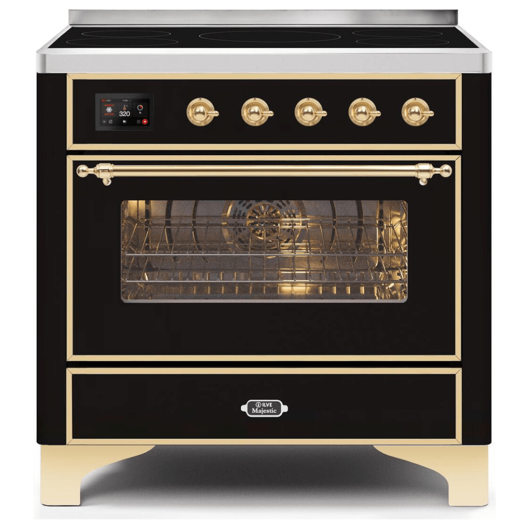 ILVE 36 in. Majestic II Series Freestanding Induction Range with a 5 Element Stove and Electric Oven with Color and Accent Options (UMI09NS3) with Glossy Black Door and Finish and Brass Accents