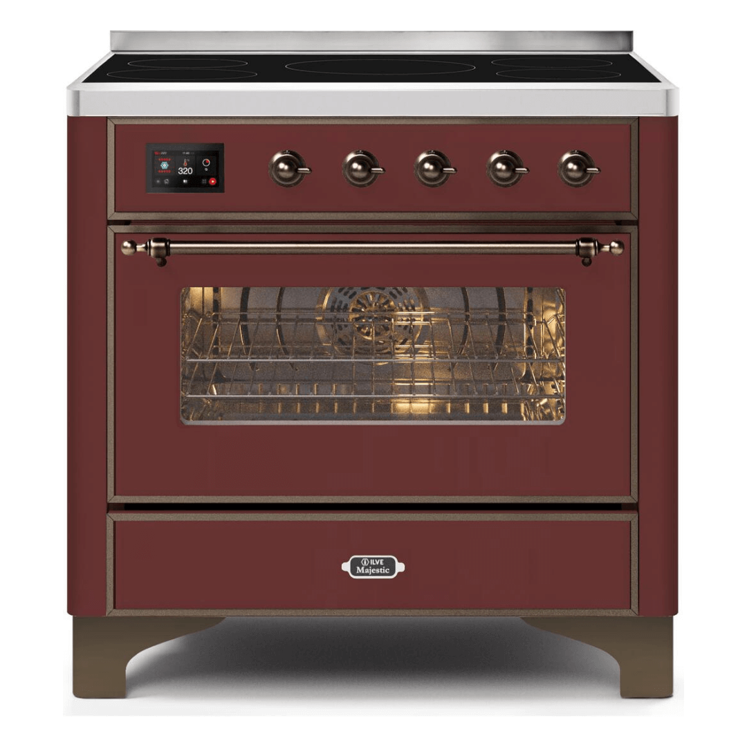 ILVE 36 in. Majestic II Series Freestanding Induction Range with a 5 Element Stove and Electric Oven with Color and Accent Options (UMI09NS3) with Burgundy Door and Finish and Bronze Accents