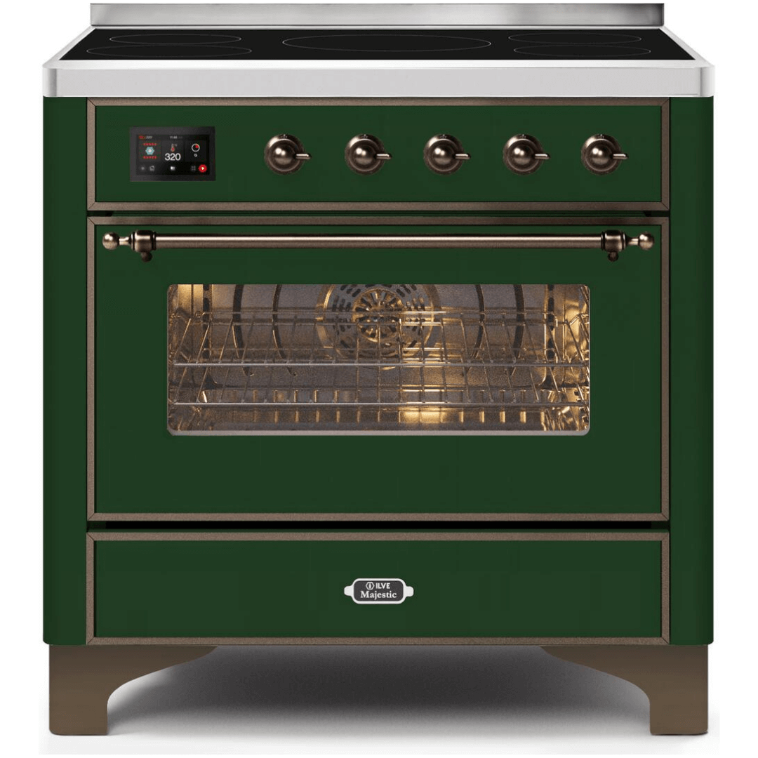 ILVE 36 in. Majestic II Series Freestanding Induction Range with a 5 Element Stove and Electric Oven with Color and Accent Options (UMI09NS3) with Emerald Door and Finish and Bronze Accents