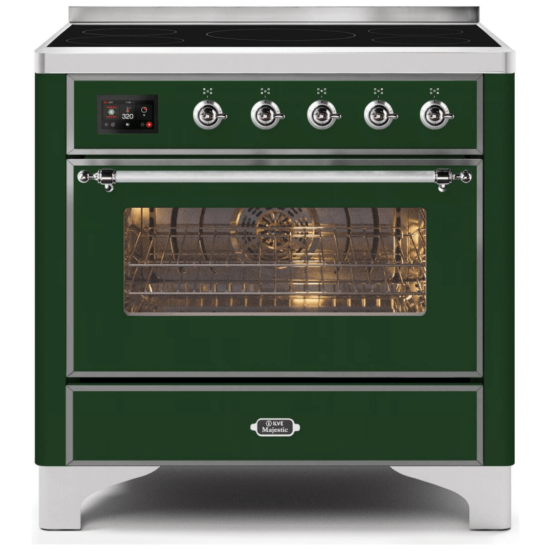 ILVE 36 in. Majestic II Series Freestanding Induction Range with a 5 Element Stove and Electric Oven with Color and Accent Options (UMI09NS3) with Emerald Door and Finish and Chrome Accents