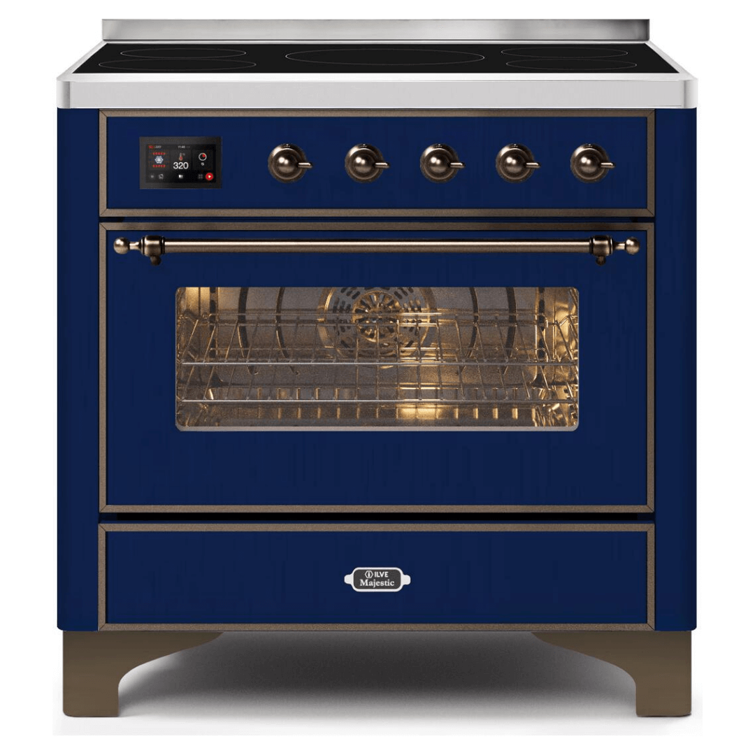 ILVE 36 in. Majestic II Series Freestanding Induction Range with a 5 Element Stove and Electric Oven with Color and Accent Options (UMI09NS3) with Midnight Blue Door and Finish and Bronze Accents