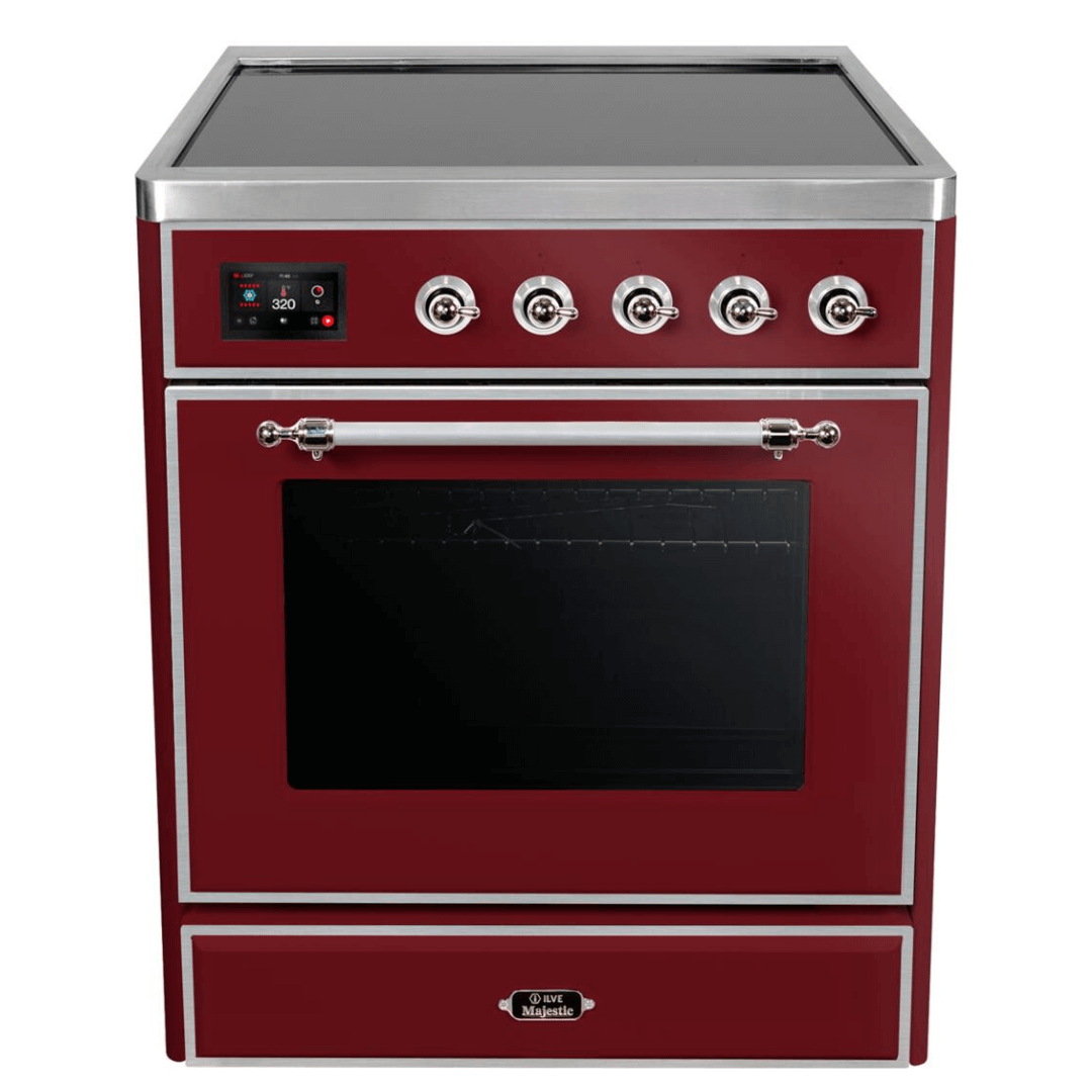 ILVE 30 in. Majestic II Series Freestanding Induction Range with a 4 Element Stove and Electric Oven with Color and Accent Options (UMI30NE3) with Burgundy Door and Finish and Chrome Accents