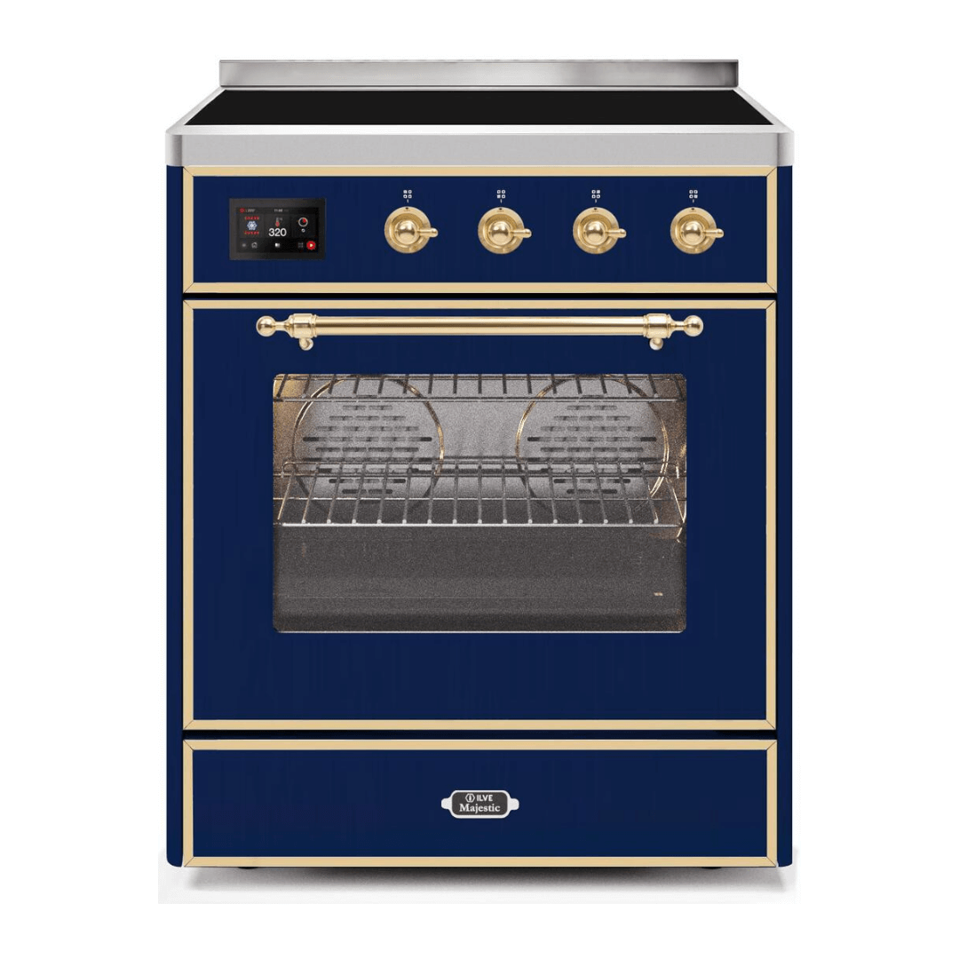ILVE 30 in. Majestic II Series Freestanding Induction Range with a 4 Element Stove and Electric Oven with Color and Accent Options (UMI30NE3) with Midnight Blue Door and Finish and Brass Accents