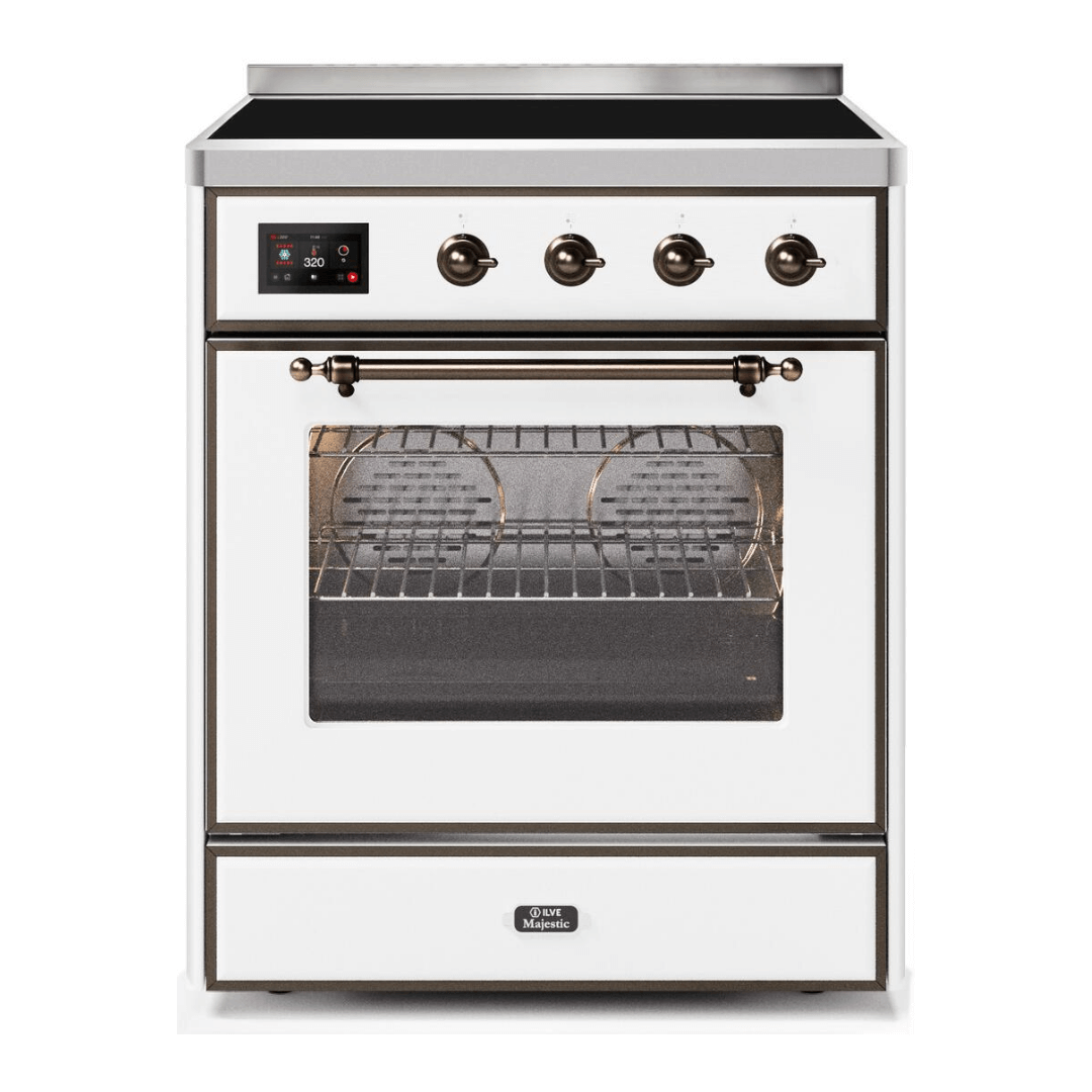 ILVE 30 in. Majestic II Series Freestanding Induction Range with a 4 Element Stove and Electric Oven with Color and Accent Options (UMI30NE3) with White Door and Finish and Bronze Accents