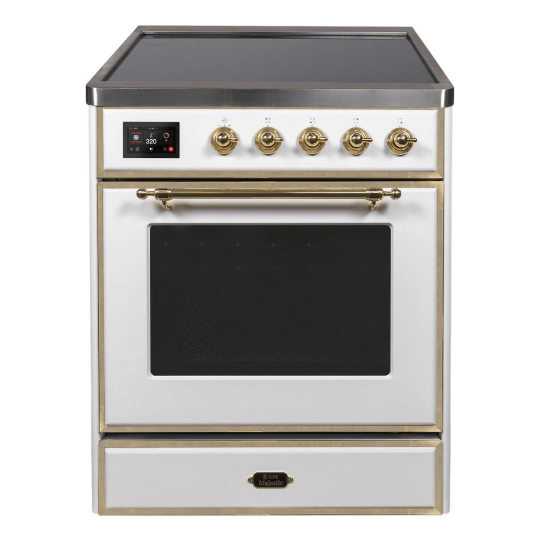ILVE 30 in. Majestic II Series Freestanding Induction Range with a 4 Element Stove and Electric Oven with Color and Accent Options (UMI30NE3) with White Door and Finish and Brass Accents