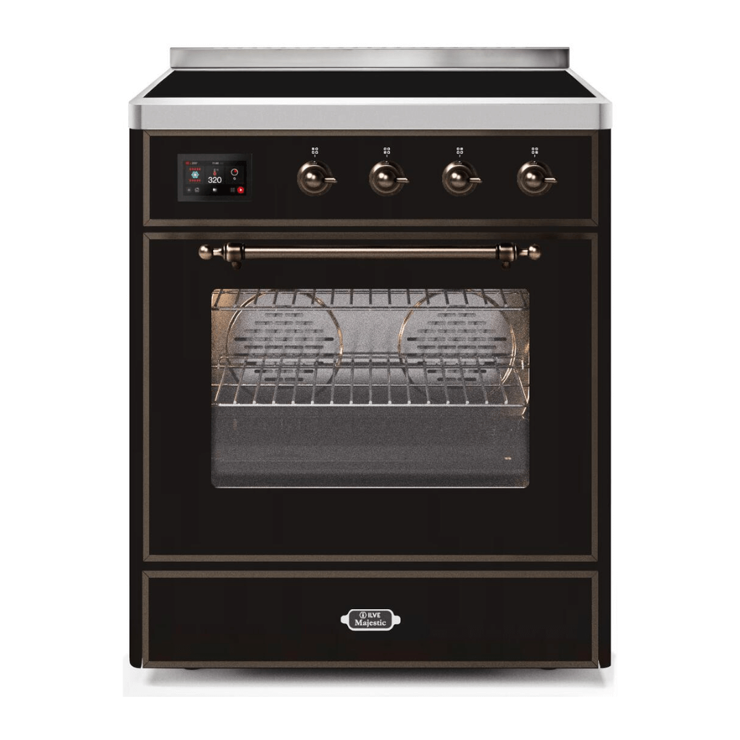 ILVE 30 in. Majestic II Series Freestanding Induction Range with a 4 Element Stove and Electric Oven with Color and Accent Options (UMI30NE3) with Glossy Black Door and Finish and Bronze Accents