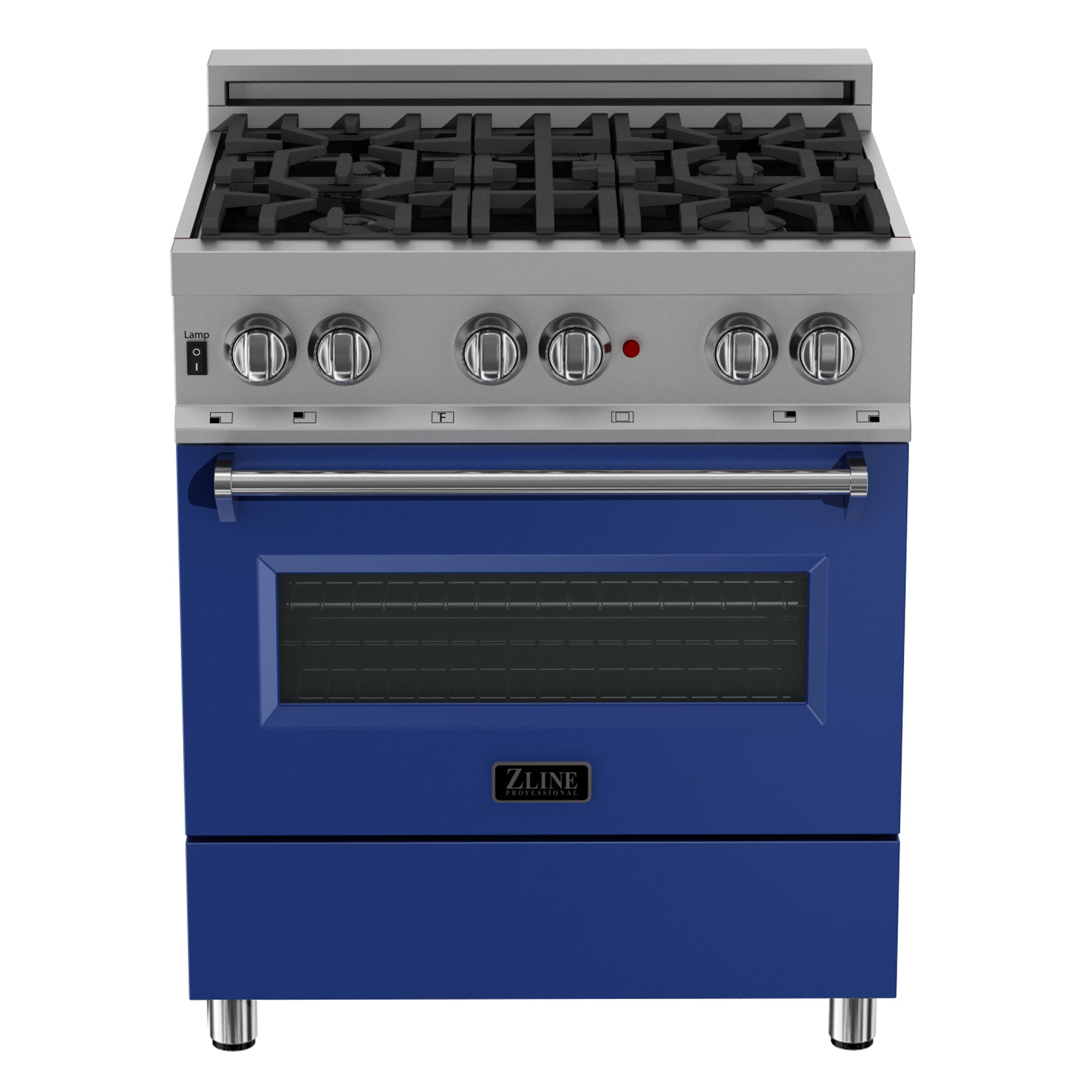 ZLINE 30 in. 4.0 cu. ft. Dual Fuel Range with Gas Stove and Electric Oven in All Fingerprint Resistant Stainless Steel with Blue Matte Door (RAS-BM-30) front, oven closed.