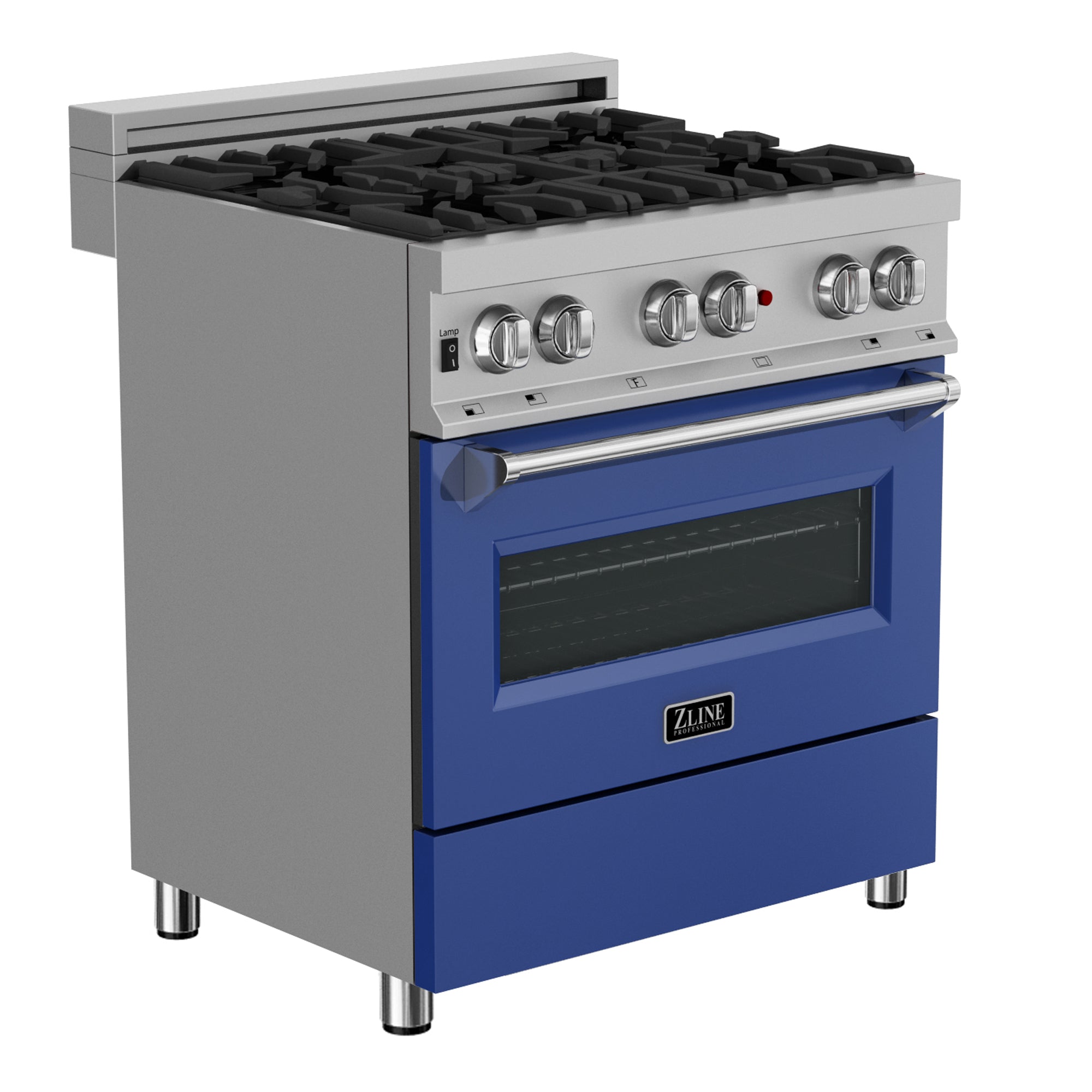 ZLINE 30 in. 4.0 cu. ft. Dual Fuel Range with Gas Stove and Electric Oven in All Fingerprint Resistant Stainless Steel with Blue Matte Door (RAS-BM-30) side, oven closed.