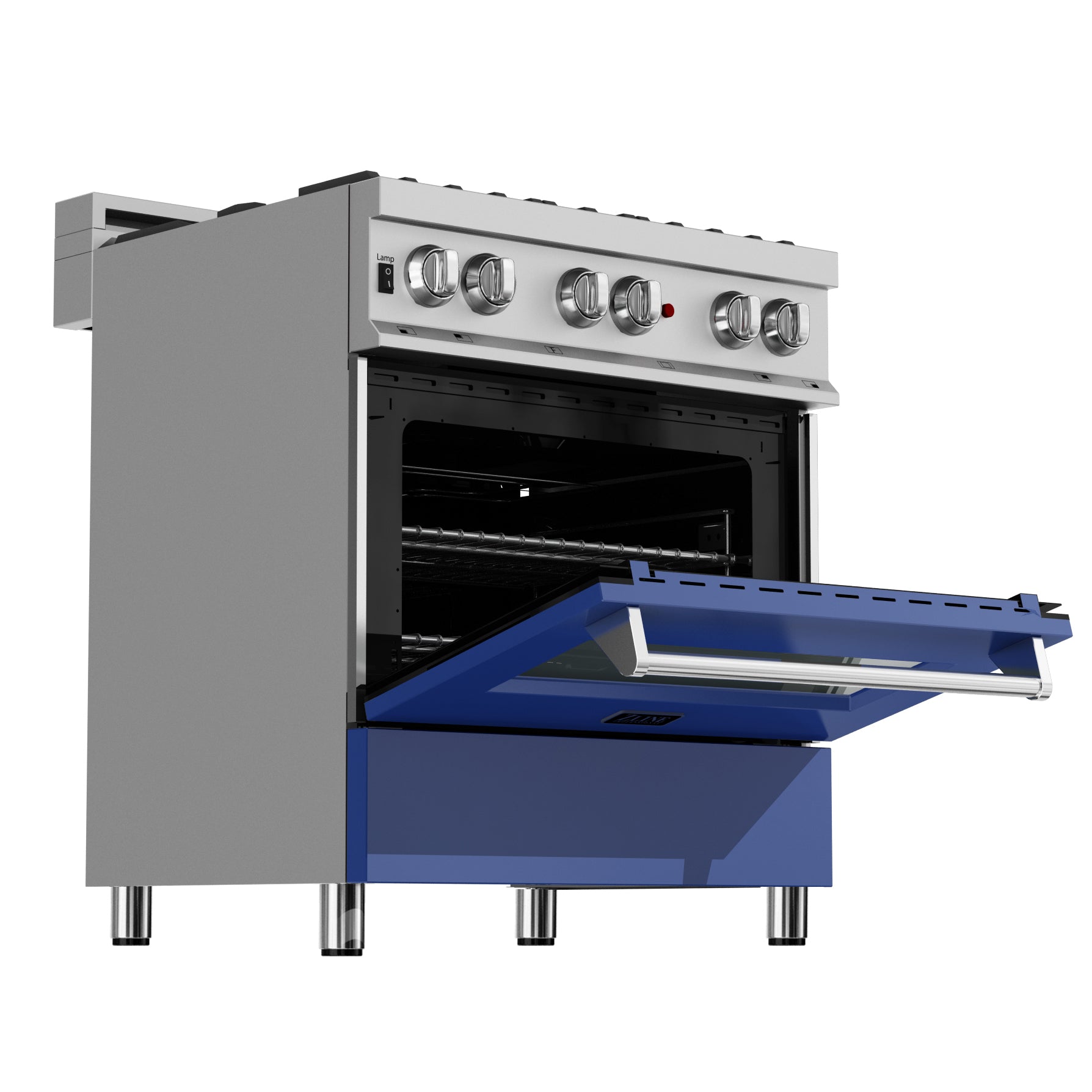 ZLINE 30 in. 4.0 cu. ft. Dual Fuel Range with Gas Stove and Electric Oven in All Fingerprint Resistant Stainless Steel with Blue Matte Door (RAS-BM-30) side, oven open.