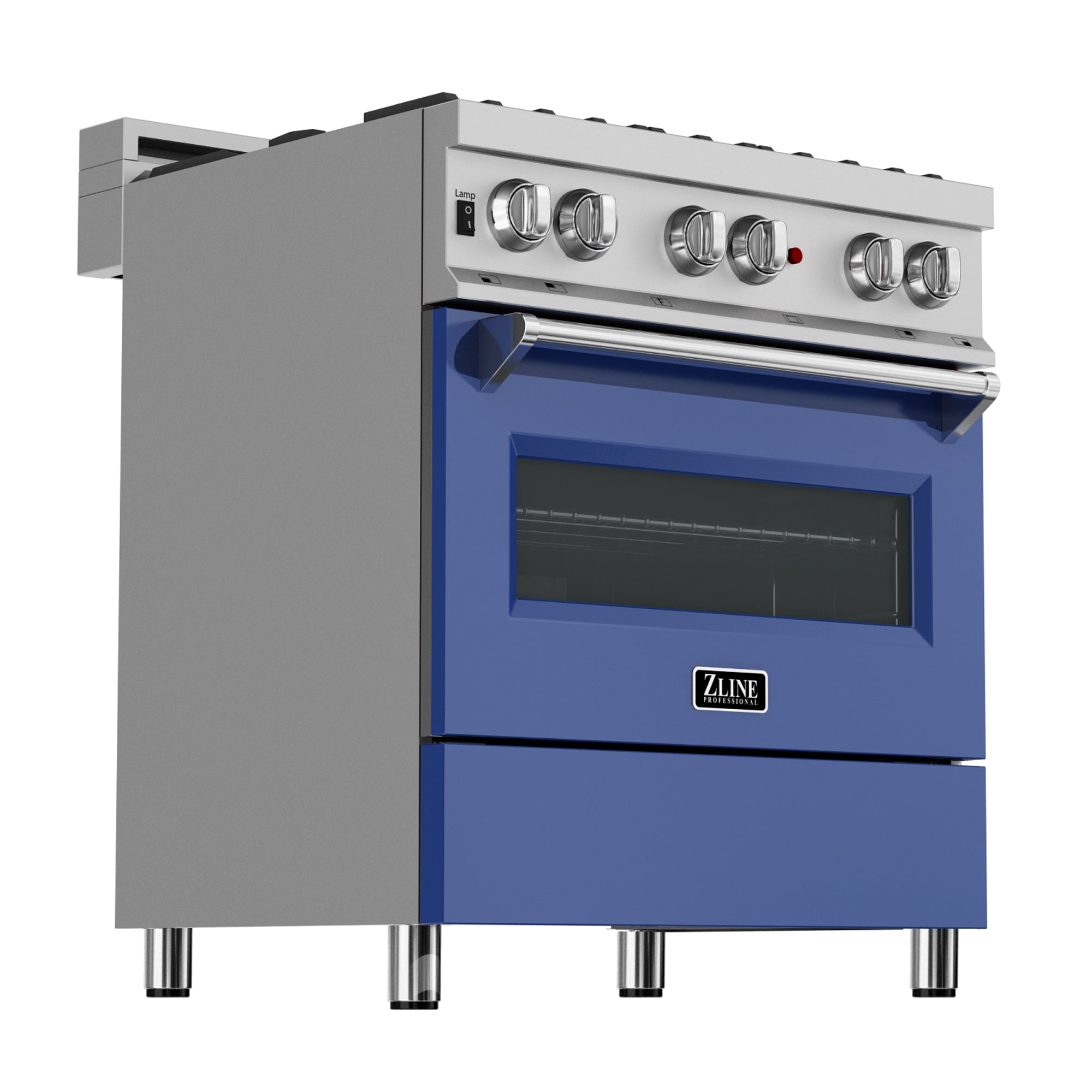 ZLINE 30 in. 4.0 cu. ft. Dual Fuel Range with Gas Stove and Electric Oven in All Fingerprint Resistant Stainless Steel with Blue Matte Door (RAS-BM-30) side, oven closed.