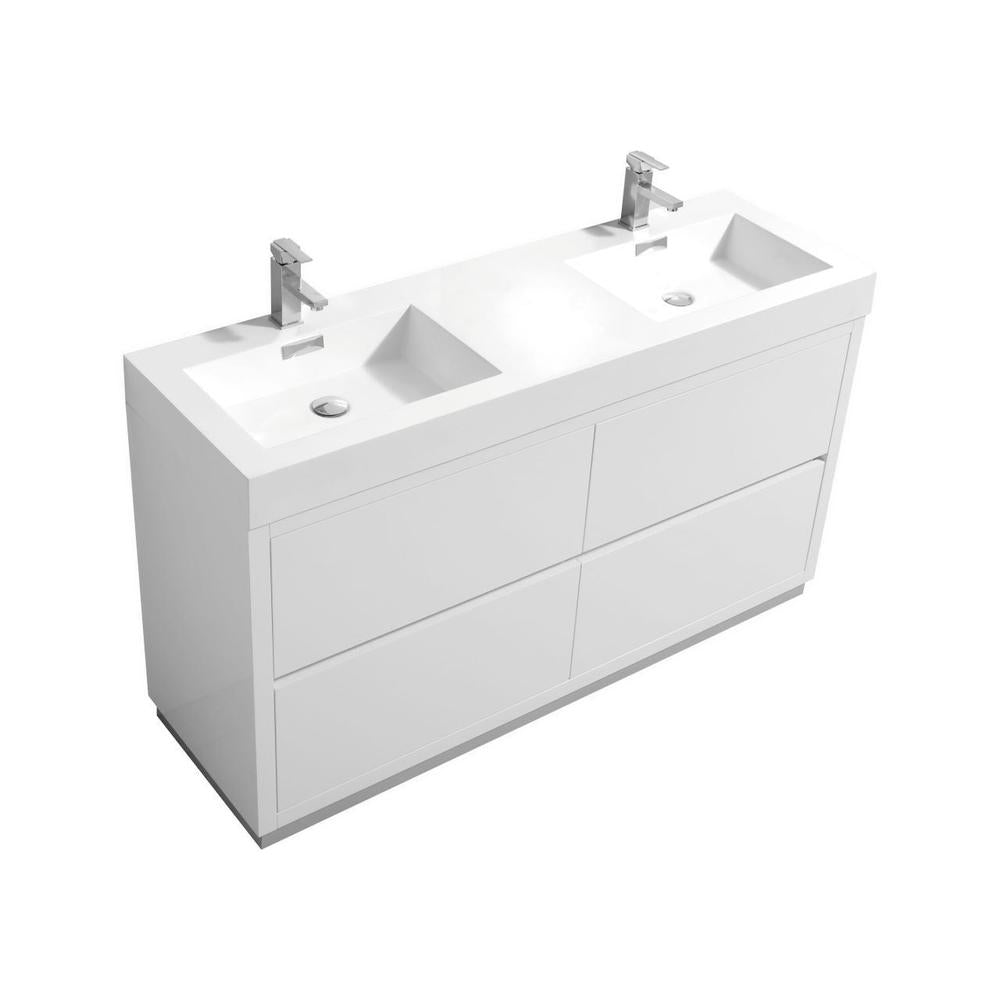 KubeBath Bliss 60 in. Free Standing Double Sink Modern Bathroom Vanity High Gloss White