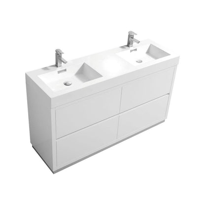 KubeBath Bliss 60 in. Free Standing Double Sink Modern Bathroom Vanity High Gloss White