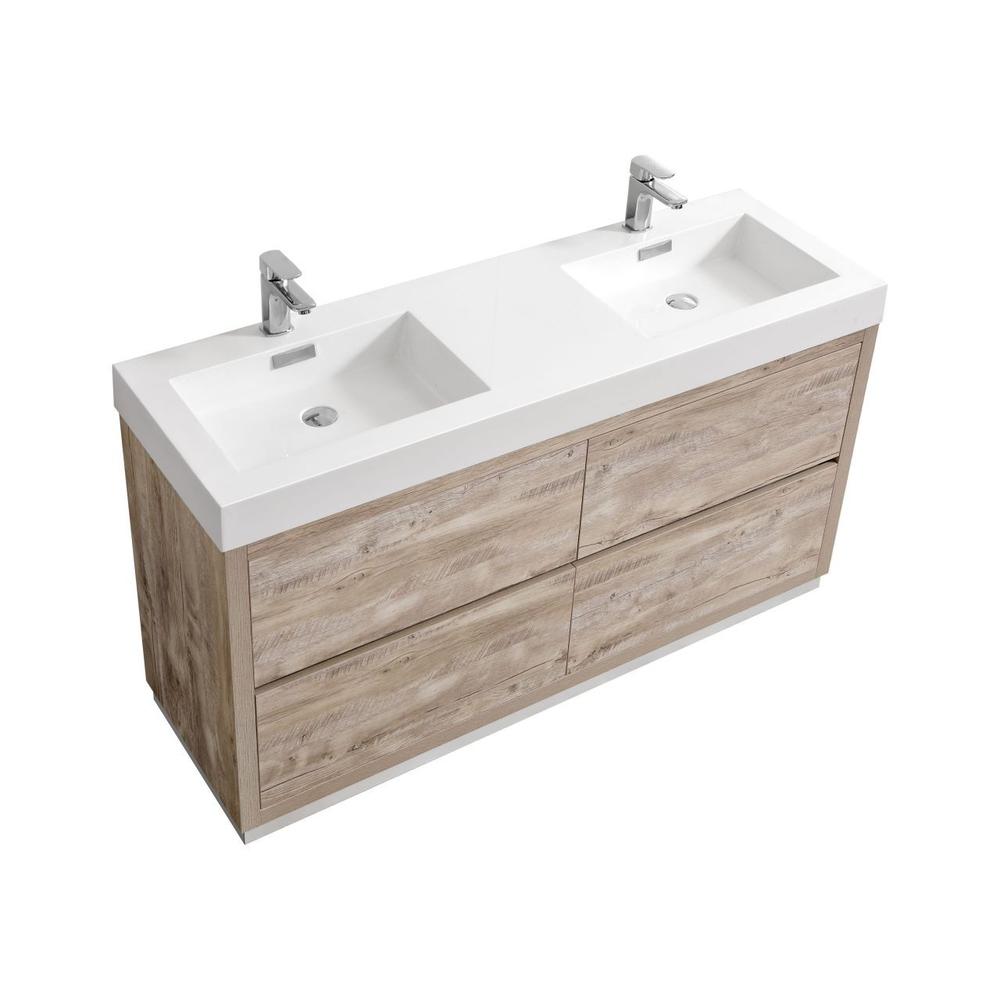 KubeBath Bliss 60 in. Free Standing Double Sink Modern Bathroom Vanity Nature Wood