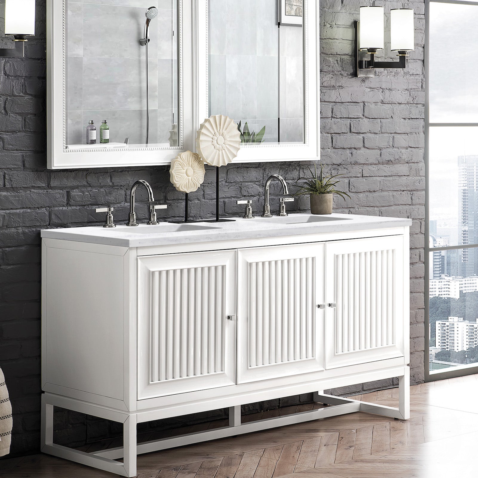 James Martin Vanities Athens Collection 60 in. Double Vanity in Glossy White with Solid Surface Countertop Options