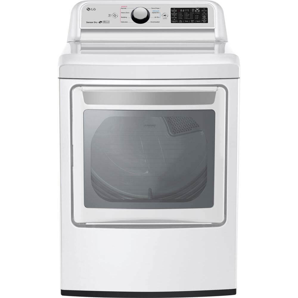LG front-load gas dryer in white front