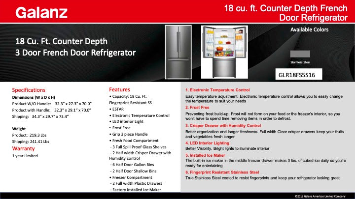 Galanz 18-Cu. Ft Counter Depth 3-Door French Door Refrigerator In Stainless (GLR18FS5S16)