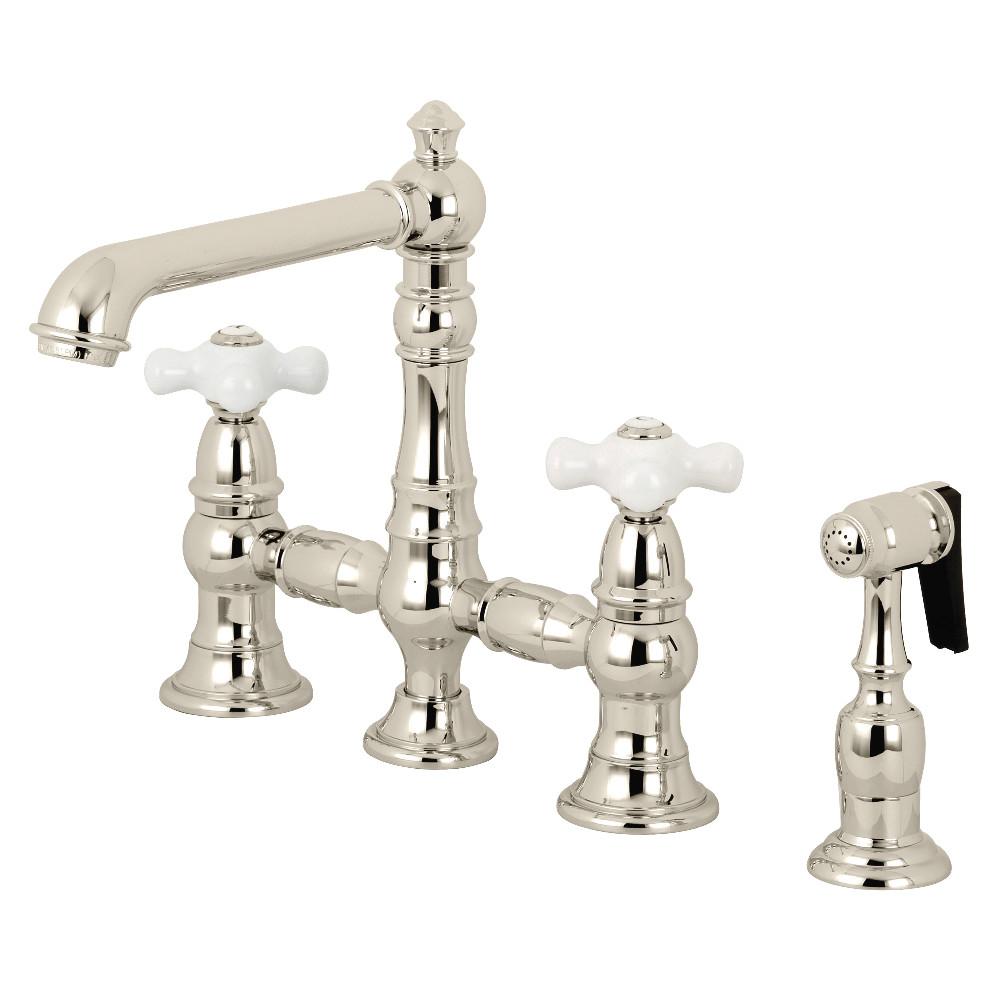 Kingston Brass English Country 8" Bridge Kitchen Faucet with Sprayer (KS7278PXBS) Polished Nickel