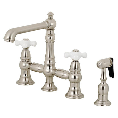 Kingston Brass English Country 8" Bridge Kitchen Faucet with Sprayer (KS7278PXBS) Brushed Nickel