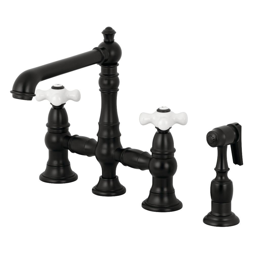 Kingston Brass English Country 8" Bridge Kitchen Faucet with Sprayer (KS7270PXBS) Matte Black