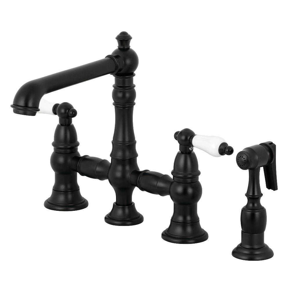 Kingston Brass English Country 8-Inch Bridge Kitchen Faucet with Sprayer (KS7270PLBS) Matte Black