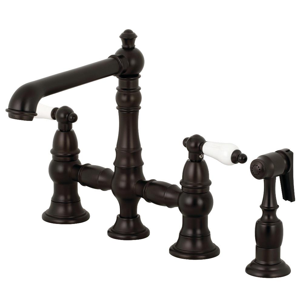 Kingston Brass English Country 8-Inch Bridge Kitchen Faucet with Sprayer (KS7275PLBS) Oil Rubbed Bronze