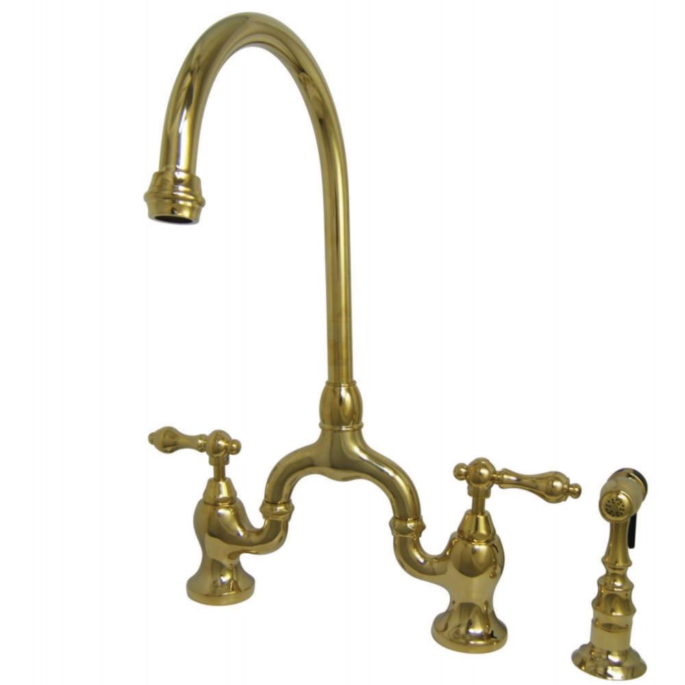 Kingston Brass English Country Kitchen Bridge Faucet with Brass Sprayer (KS7792ALBS) Polished Brass