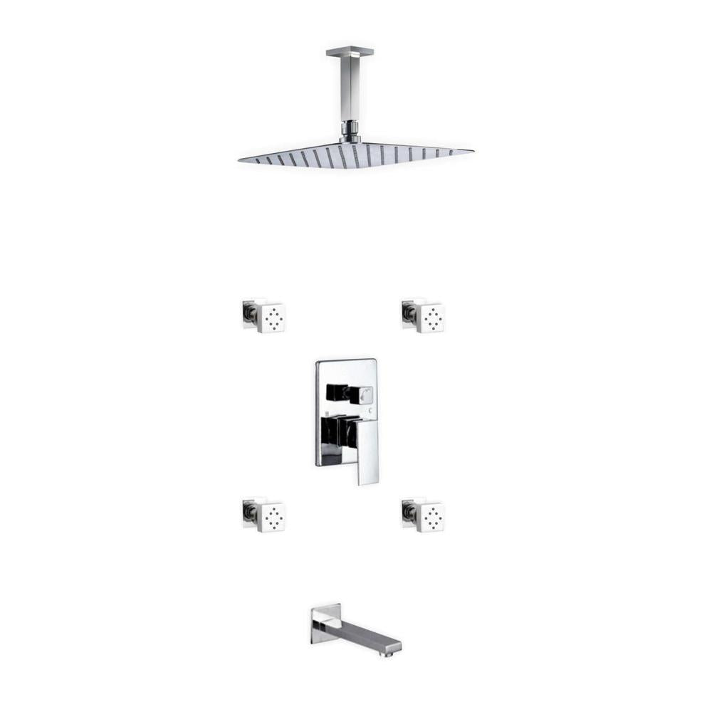 KubeBath 7 Piece Shower Set with 12" Ceiling Mount Square Rain Shower, Tub Filler and 4 Body Jets (CR3004JTF3V) 