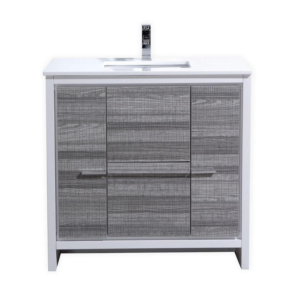 KubeBath Dolce 36 in. Freestanding Single Sink Modern Bathroom Vanity with White Quartz Counter-Top and Cabinet Color Options Ash Gray