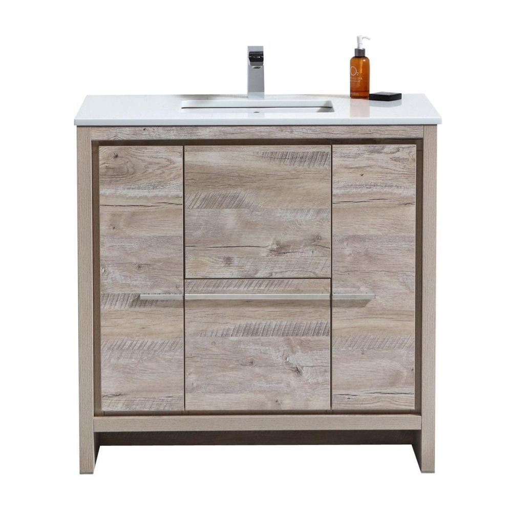 KubeBath Dolce 36 in. Freestanding Single Sink Modern Bathroom Vanity with White Quartz Counter-Top and Cabinet Color Options Nature Wood